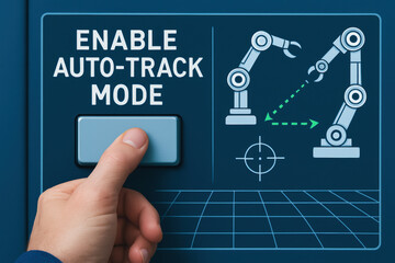 Fototapeta premium Enable auto track mode button pressed for laser tracker in industry automation improving precision and efficiency in robotic arm control system