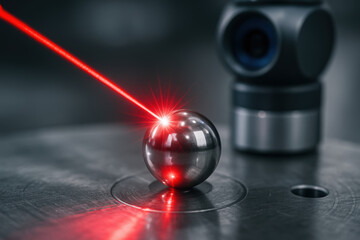 Laser tracker in industry precisely measures position of reflective metal sphere with red laser beam for accurate industrial applications