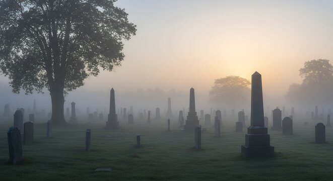 Ethereal morning fog blankets a historic cemetery at sunrise, with old gravestones and silhouetted trees