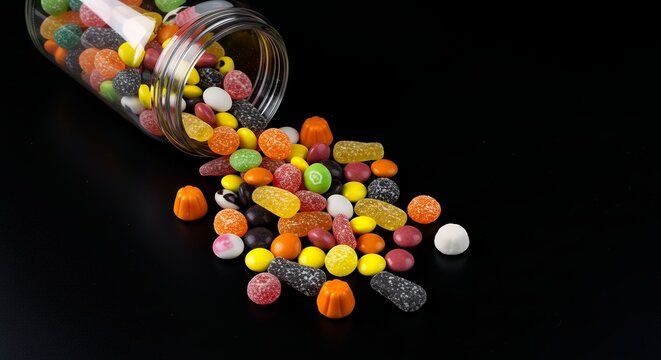 Assorted colorful candies spilling from a glass jar on a black background - Powered by Adobe