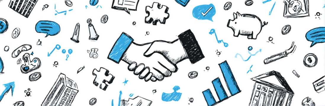 Business sketch pattern with handshake financial graphs piggy bank and buildings representing successful partnership and investment strategy on white background