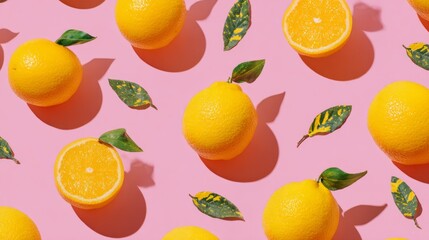 Vibrant citrus fruit pattern with yellow floral accents on pastel background, minimal modern flat lay photography, cheerful summer mood