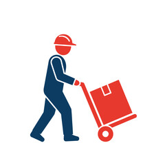 Graphic illustration of a worker pushing a box on a hand truck, wearing a hard hat.
