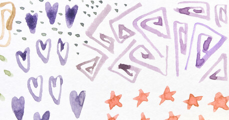 Abstract watercolor patterns with purple hearts and orange stars on textured white background.