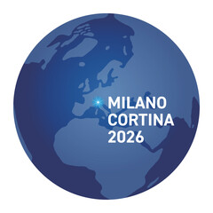 ミラノ・コルティナの位置をしめす地球儀の世界地図