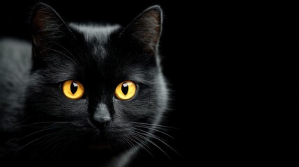 Portrait of a sleek black cat with striking yellow eyes against a dark background