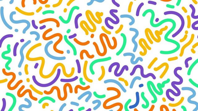 Colorful abstract pattern of squiggly lines in various bright colors on white background
