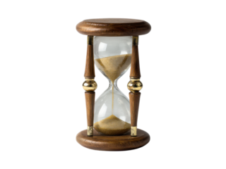 Wooden hourglass with golden accents and flowing sand time timer, Isolated, Png Transparent Background