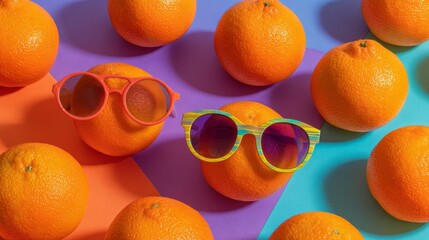 Vibrant orange fruits styled with funky sunglasses, arranged on bright gradient background, playful summer stock photo flat lay
