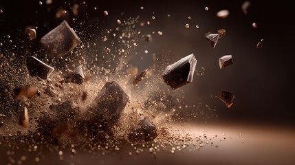High-resolution cocoa powder splash floating in the air with elegant shards of glossy dark chocolate, shimmering golden dust accents, dynamic brown particles suspended against a clean gradient.