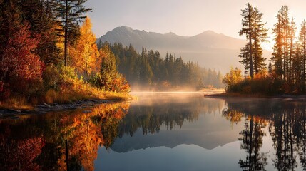 Fototapeta premium Tranquil Canadian lake in autumn with mist, colorful foliage, and still reflections, ideal for nature, wellness, and seasonal visuals