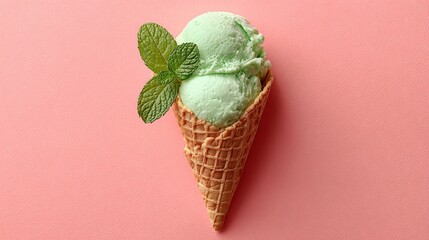Waffle cone with mint green ice cream set against pastel pink backdrop, flat lay, minimal summer dessert stock photo, soft tones and shadows
