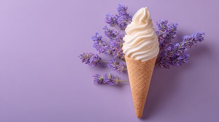 Waffle cone with soft serve ice cream on pastel lavender background, simple minimal composition, sweet summer vibe stock photo