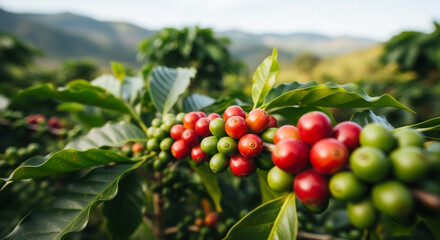 Vibrant red and green coffee berries ripening on a lush plant in a beautiful, sun-drenched plantation, ready for harvest