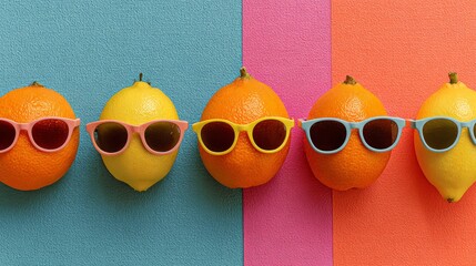 Whimsical citrus fruits wearing cool sunglasses in a flat lay arrangement on bold backgrounds, cheerful playful stock image