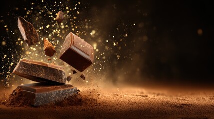 High-resolution cocoa powder splash floating in the air with elegant shards of glossy dark chocolate, shimmering golden dust accents, dynamic brown particles suspended against a clean gradient.