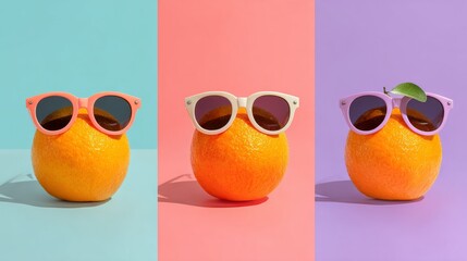 Whimsical oranges wearing oversized sunglasses on pastel backgrounds, quirky minimal summer vibe, fun stock image design