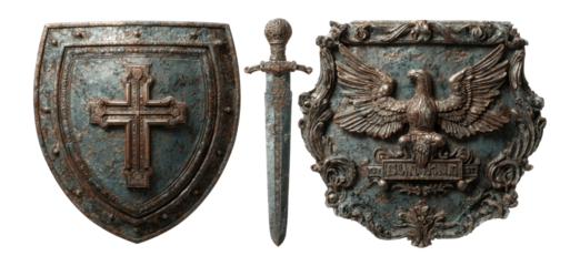 Vintage Metallic Shield and Sword with Ornate Eagle Design on Transparent Background