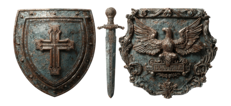 Vintage Metallic Shield and Sword with Ornate Eagle Design on Transparent Background