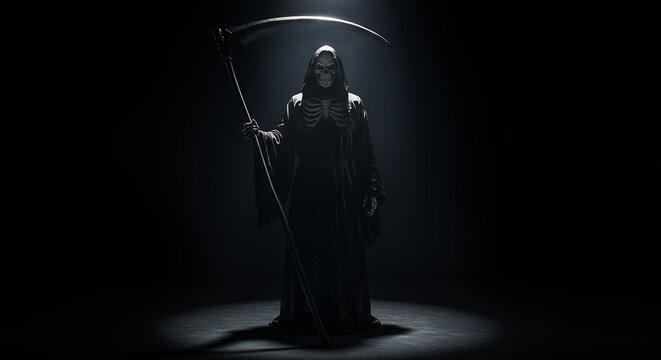 Ominous Grim Reaper figure in dramatic spotlight, holding a scythe against a dark background, symbolizing death and fate.