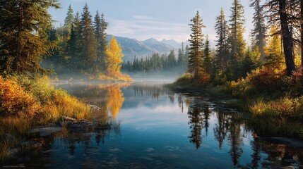 Fototapeta premium Serene Canadian lake wide shot with autumn forest and misty sunrise, tranquil reflections ideal for seasonal, travel, or landscape photography