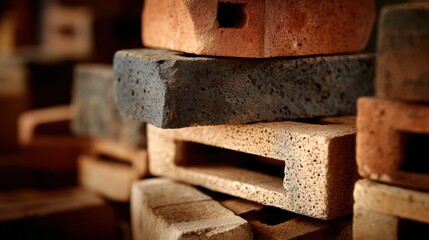 Various bricks are stacked together, highlighting differences in color and texture. The setting is likely a construction site or workshop during the day.
