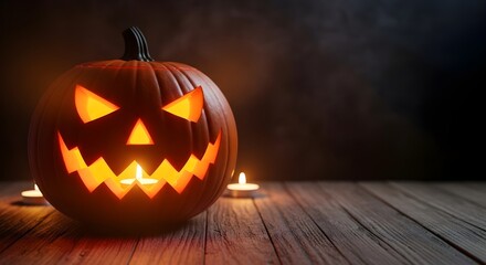 Glowing jack-o'-lantern with a carved face on a wooden surface, illuminated by candles.
