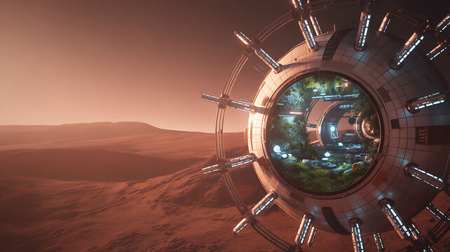 Futuristic alien spacecraft with glowing green portal hovering over a desolate martian landscape