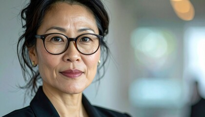 Headshot face portrait of confident successful Asian 40s business woman looking confident at camera standing in office.