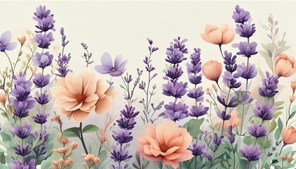 Fototapeta premium A vibrant watercolor painting of a lush garden filled with blooming lavender and soft peach colored flowers creating a serene and beautiful natural scene