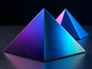 Two geometric pyramids with vibrant blue and purple iridescent metallic sheen on a dark surface shape