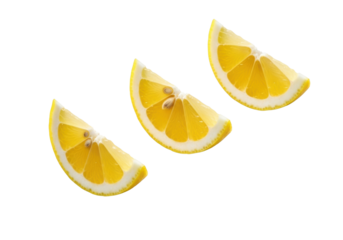 Three perfectly sliced fresh lemon wedges with vibrant yellow translucent pulp and white pith, subtly accompanied by coarse sea salt on a solid transparent background, commercial product photography