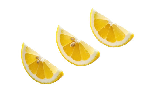 Three perfectly sliced fresh lemon wedges with vibrant yellow translucent pulp and white pith, subtly accompanied by coarse sea salt on a solid transparent background, commercial product photography