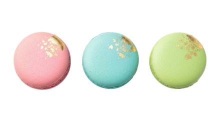 Three pastel pink, sky blue, pistachio green gourmet macarons with gold leaf flakes, isolated on a seamless transparent background, high-key studio lighting, macro detail. Luxury dessert concept