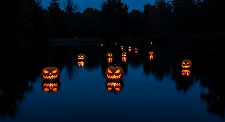Eerie Jack-O'-Lanterns Floating on Water at Night with Reflections