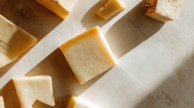 Minimalist background featuring cheese, simple composition with a few slices or cubes of assorted cheese on a clean white or neutral surface, soft natural lighting.