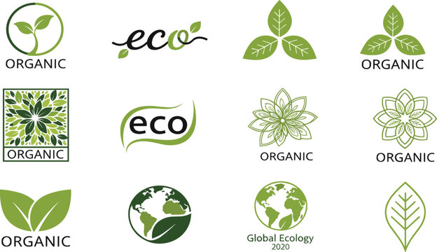 Organic eco logo collection with green leaf, nature, earth, floral design, sustainable environment, ecology symbol for branding and business