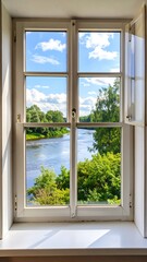 Fototapeta premium Sunny river view from a white window