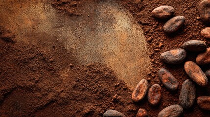 Natural chocolate background, textured cocoa powder surface, scattered cocoa beans, earthy organic brown tones, soft natural light, warm artisan inspiration, calm and authentic design, commercial.