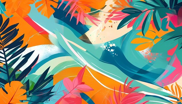 Vibrant abstract tropical foliage with bold brushstrokes and dynamic swirling patterns in a lively palette of orange teal pink and green evoking a sense of exotic energy and lushness