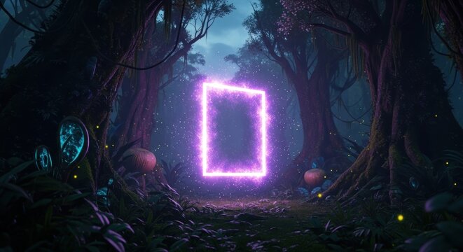 Gerbang portal neon ungu bercahaya di tengah hutan ajaib gelap dengan suasana sinematik melambangkan dimensi fantasi dan dunia sihir