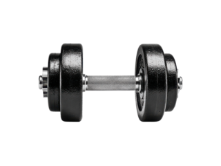 Black weightlifting equipment with textured silver handle on black background dumbbell exercise, Isolated, Png Transparent Background