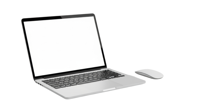 A modern silver laptop with a blank white screen and a sleek wireless mouse on a transparent background, no shadows, 45-degree angle, professional studio photo concept for technology display