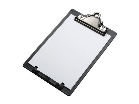 Gray clipboard with metal clip holding blank white paper image, Isolated, Png Transparent Background