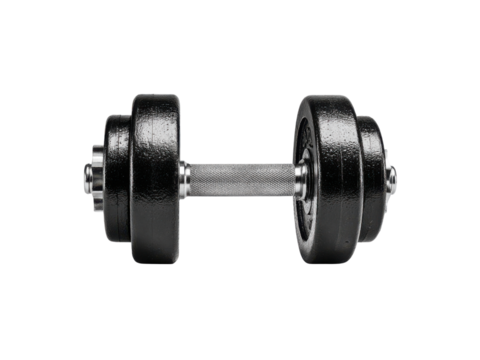 Black weightlifting equipment with textured silver handle on black background dumbbell exercise, Isolated, Png Transparent Background