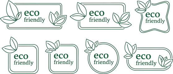 Eco Friendly Line Art Green Leaf Badges Collection on Transparent Background