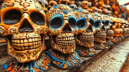 Decorated sugar skulls at a vibrant market