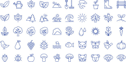 Collection of Blue Outline Nature and Season Icons vector illustration