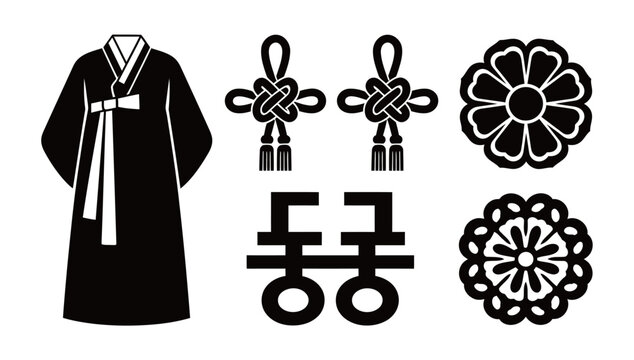 Korean Culture and Traditional Symbols Silhouette Icons Set. Hanbok Dress, Knot Ornaments, and Floral Patterns Graphics.