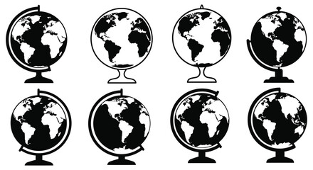 A collection of black and white globe illustrations in various orientations